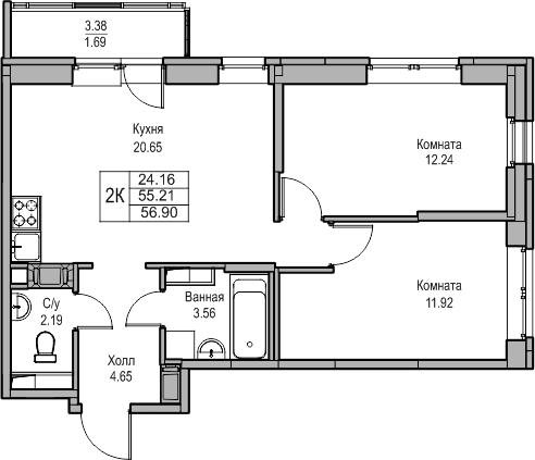 2-комнатная квартира в ЖК Беринг на 2 этаже в 2 секции. Сдача в 4 кв. 2025 г.