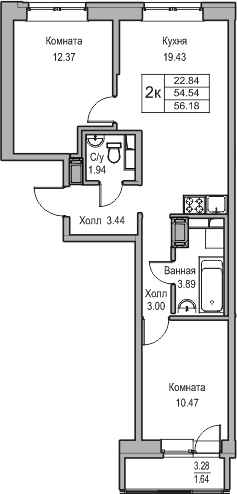 2-комнатная квартира в ЖК Беринг на 2 этаже в 3 секции. Сдача в 4 кв. 2025 г.
