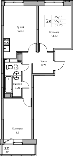 2-комнатная квартира в ЖК Беринг на 6 этаже в 3 секции. Сдача в 4 кв. 2025 г.