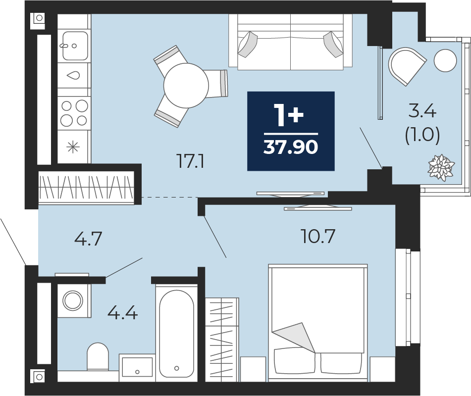 2-комнатная квартира с отделкой в ЖК GloraX Новоселье на 7 этаже в 1 секции. Сдача в 4 кв. 2025 г.