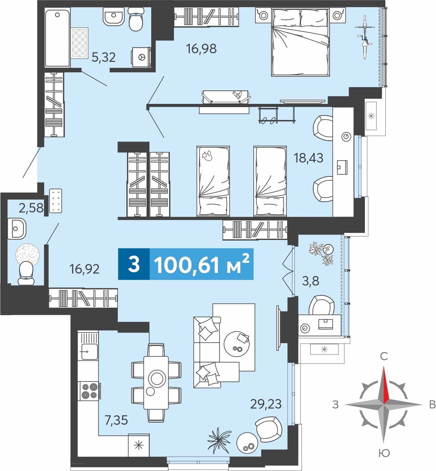 2-комнатная квартира в ЖК Беринг на 14 этаже в 2 секции. Сдача в 4 кв. 2025 г.