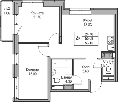 2-комнатная квартира в ЖК Беринг на 9 этаже в 6 секции. Сдача в 4 кв. 2025 г.