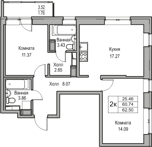 2-комнатная квартира в ЖК Twelve на 27 этаже в 1 секции. Сдача в 1 кв. 2026 г.