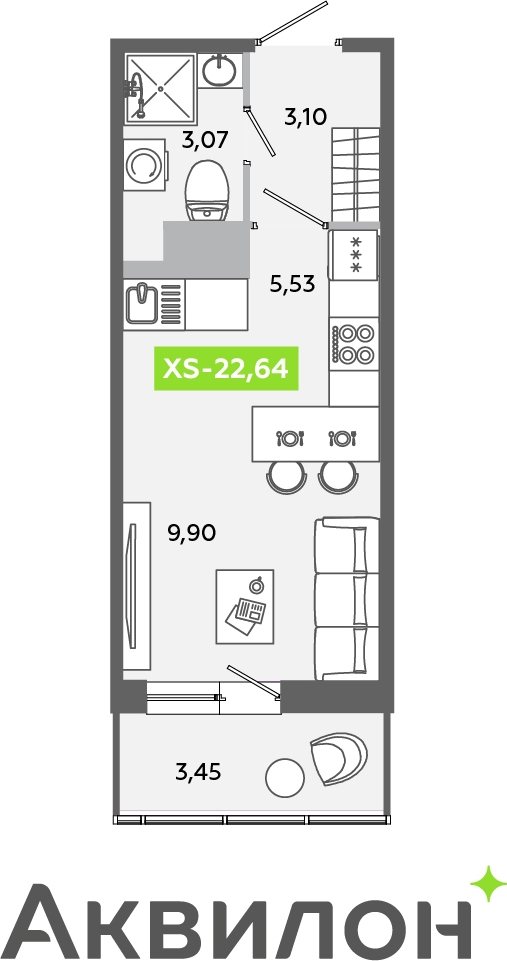 2-комнатная квартира в ЖК Беринг на 5 этаже в 2 секции. Сдача в 4 кв. 2025 г.