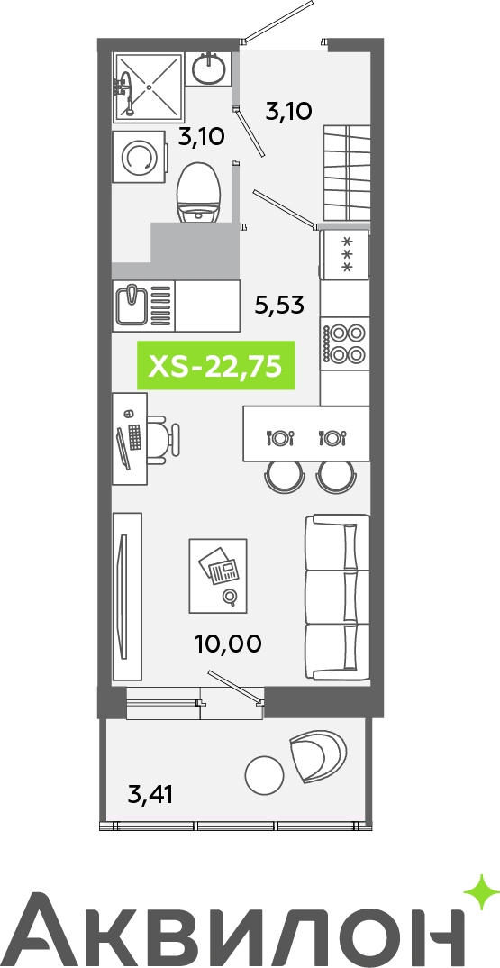 1-комнатная квартира (Студия) с отделкой в ЖК Юнтолово на 5 этаже в 1 секции. Сдача в 2 кв. 2026 г.