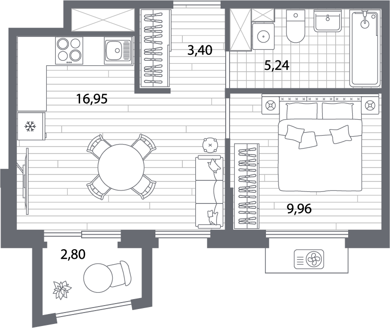 1-комнатная квартира (Студия) с отделкой в ЖК GloraX Новоселье на 2 этаже в 1 секции. Сдача в 4 кв. 2025 г.
