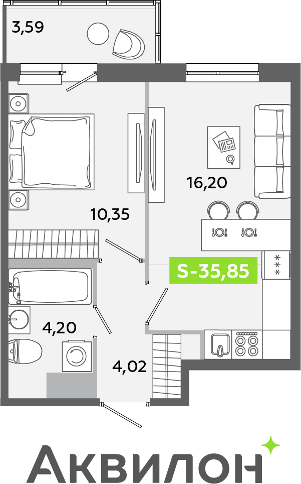2-комнатная квартира в ЖК Беринг на 19 этаже в 5 секции. Сдача в 4 кв. 2025 г.