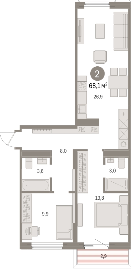 2-комнатная квартира в ЖК Беринг на 1 этаже в 4 секции. Сдача в 4 кв. 2025 г.