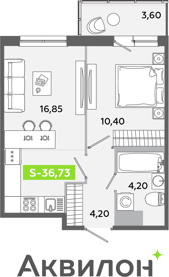 2-комнатная квартира в ЖК Беринг на 16 этаже в 3 секции. Сдача в 4 кв. 2025 г.