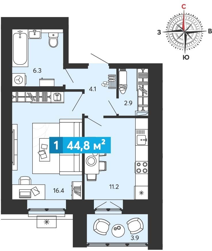 2-комнатная квартира в ЖК Беринг на 9 этаже в 3 секции. Сдача в 4 кв. 2025 г.