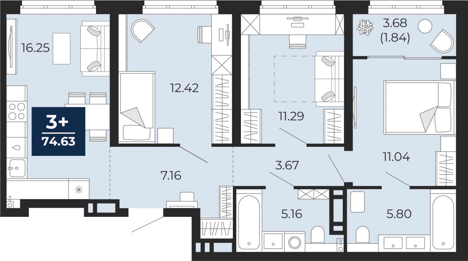 1-комнатная квартира (Студия) с отделкой в ЖК Юнтолово на 10 этаже в 1 секции. Сдача в 2 кв. 2026 г.