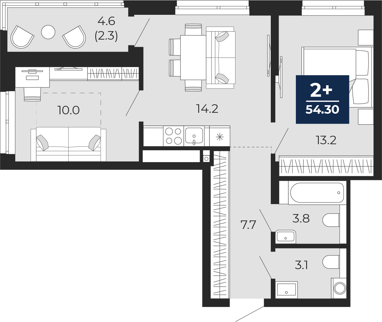2-комнатная квартира с отделкой в ЖК Юнтолово на 22 этаже в 1 секции. Сдача в 2 кв. 2026 г.