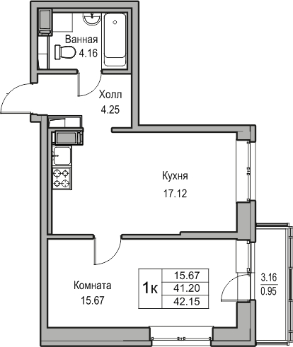 1-комнатная квартира (Студия) с отделкой в ЖК Юнтолово на 14 этаже в 1 секции. Сдача в 2 кв. 2026 г.