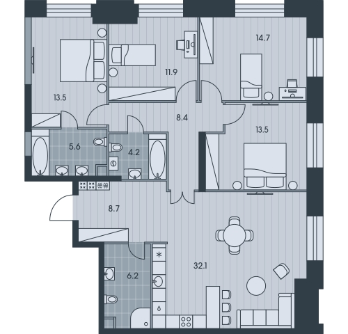 3-комнатная квартира в ЖК Беринг на 14 этаже в 4 секции. Сдача в 4 кв. 2025 г.