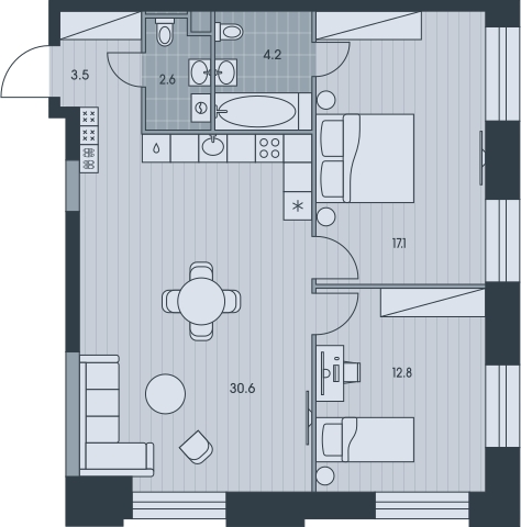 3-комнатная квартира в ЖК Беринг на 8 этаже в 5 секции. Сдача в 4 кв. 2025 г.