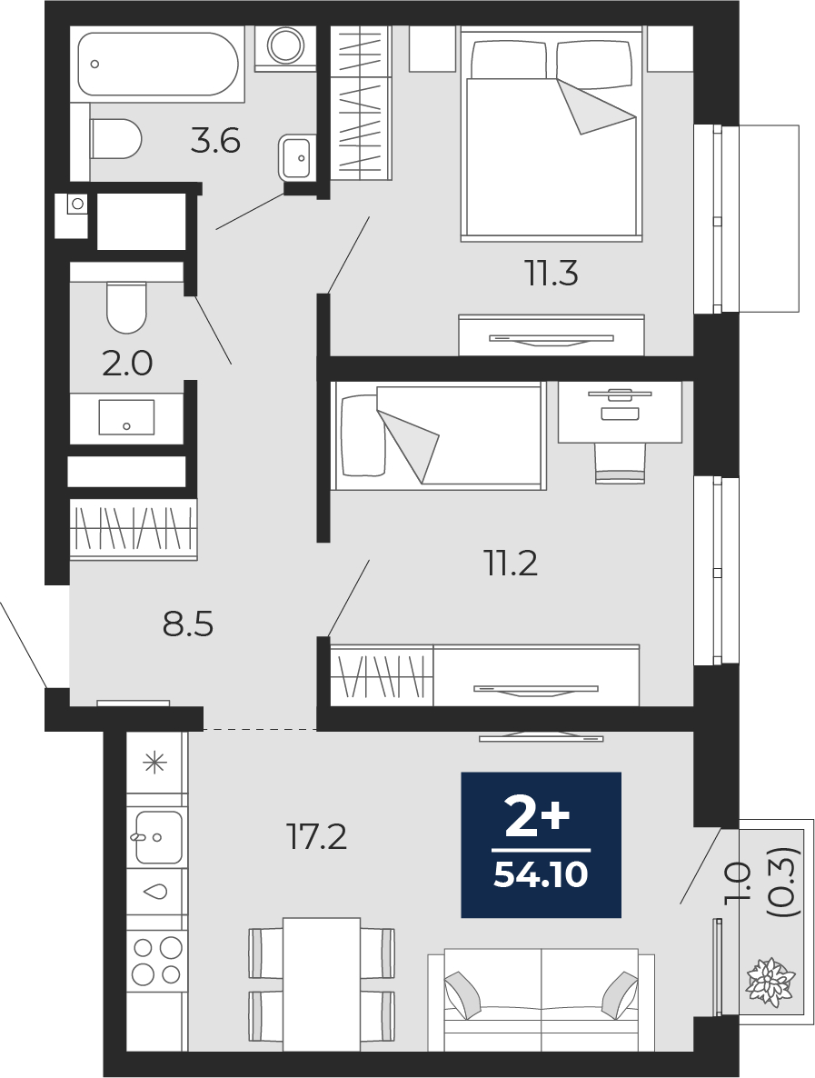 3-комнатная квартира с отделкой в ЖК Юнтолово на 1 этаже в 1 секции. Сдача в 2 кв. 2026 г.