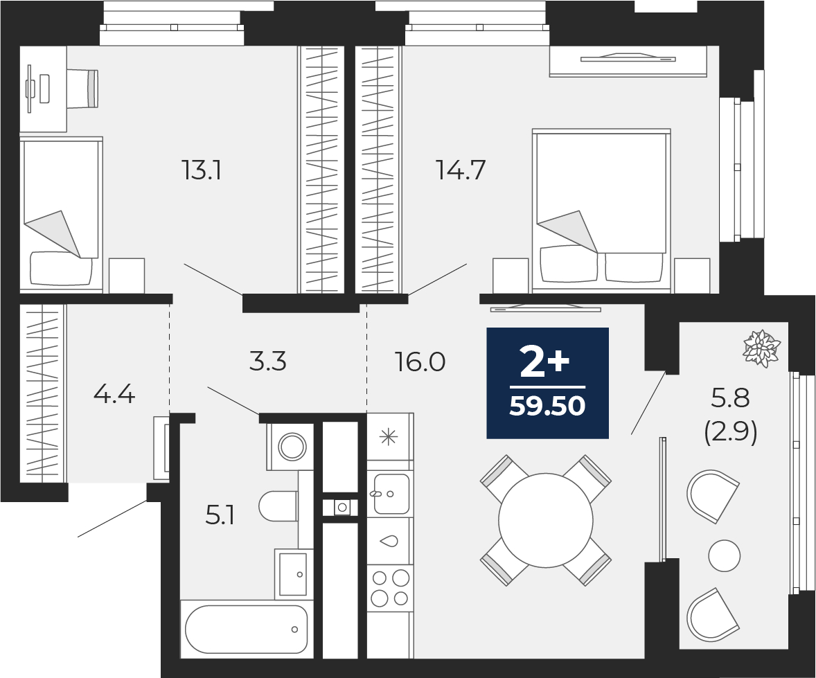 3-комнатная квартира в ЖК Беринг на 5 этаже в 3 секции. Сдача в 4 кв. 2025 г.