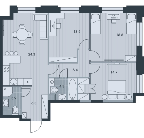3-комнатная квартира в ЖК Беринг на 7 этаже в 2 секции. Сдача в 4 кв. 2025 г.
