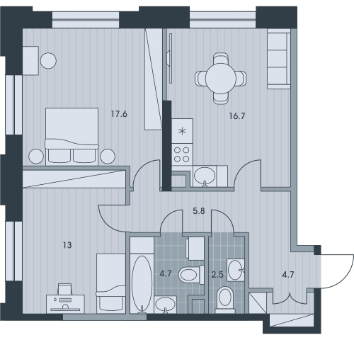 3-комнатная квартира в ЖК Беринг на 4 этаже в 1 секции. Сдача в 4 кв. 2025 г.