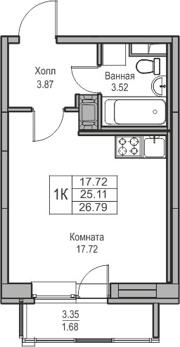 1-комнатная квартира (Студия) с отделкой в ЖК Квартал Лаголово на 6 этаже в 4 секции. Сдача в 3 кв. 2025 г.
