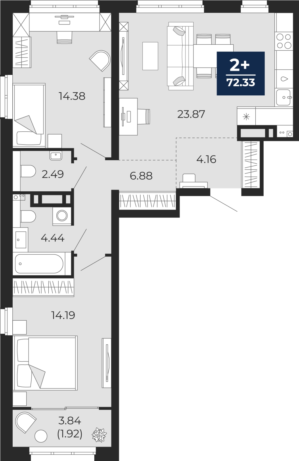 1-комнатная квартира (Студия) с отделкой в Квартал Депо на 3 этаже в 2 секции. Сдача в 3 кв. 2025 г.