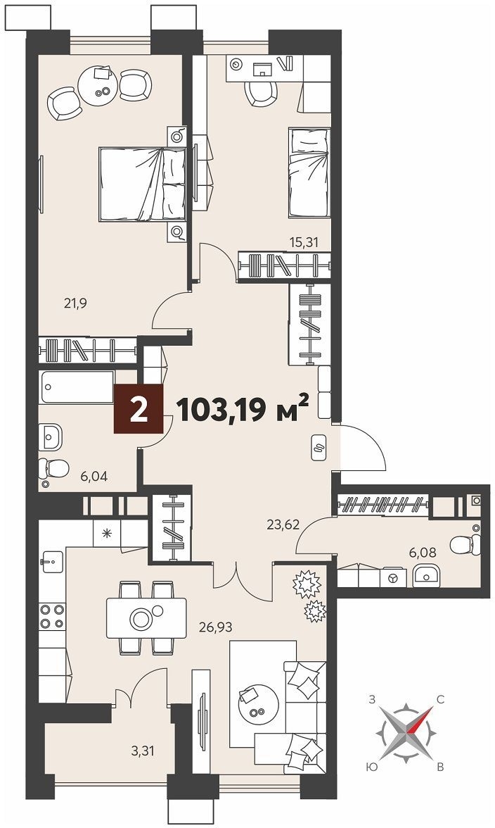 3-комнатная квартира в ЖК EVER на 25 этаже в 1 секции. Сдача в 3 кв. 2025 г.