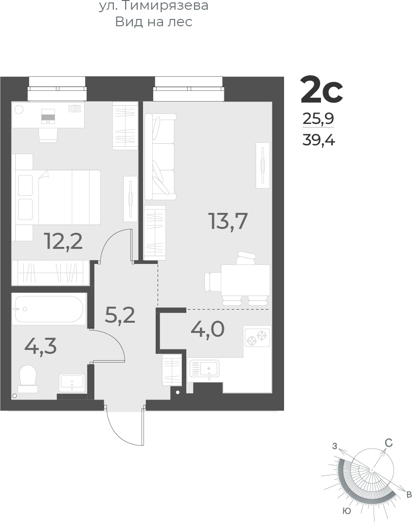 1-комнатная квартира с отделкой в ЖК Юнтолово на 6 этаже в 1 секции. Сдача в 2 кв. 2026 г.