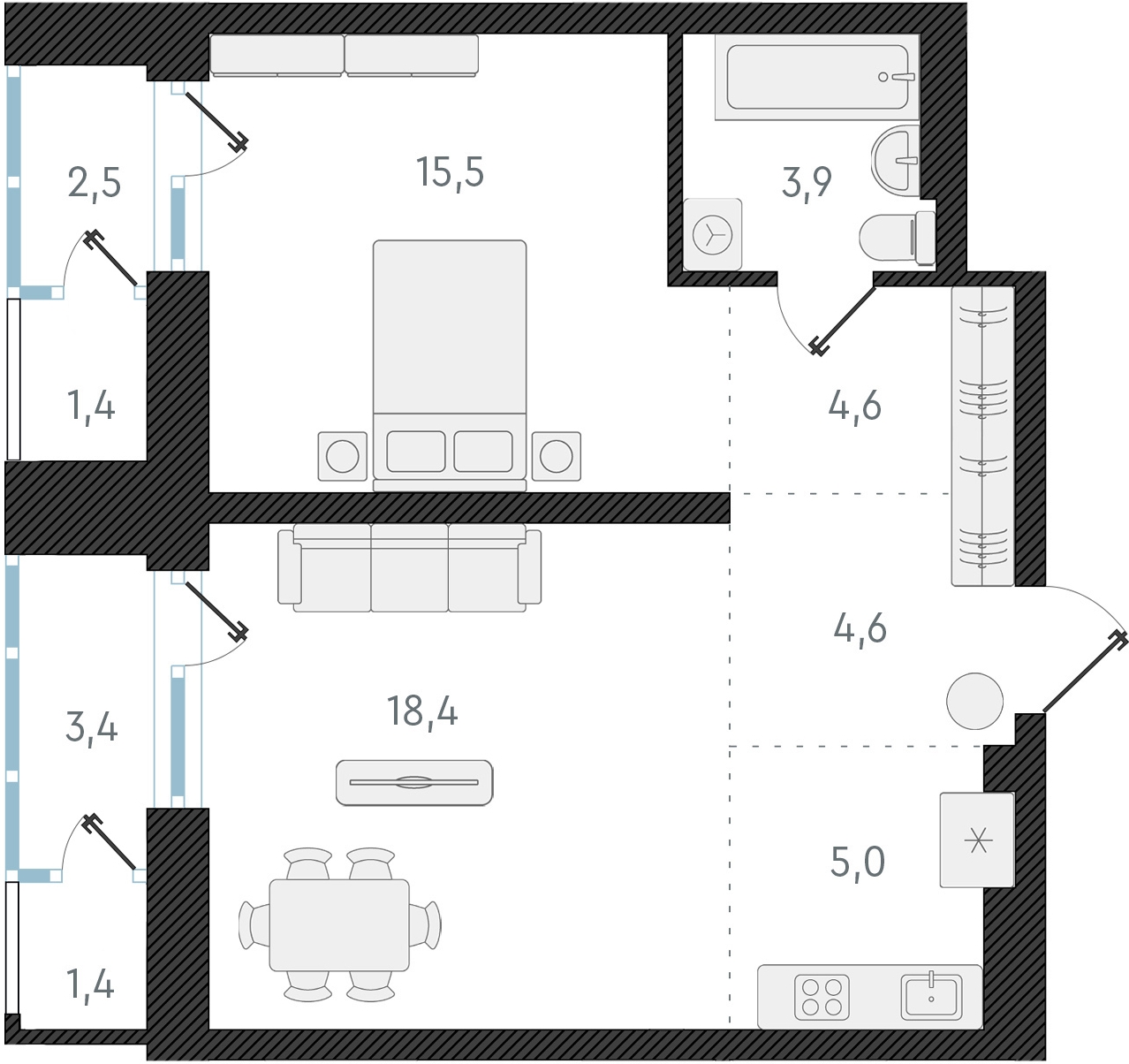 2-комнатная квартира с отделкой в ЖК Юнтолово на 8 этаже в 1 секции. Сдача в 2 кв. 2026 г.
