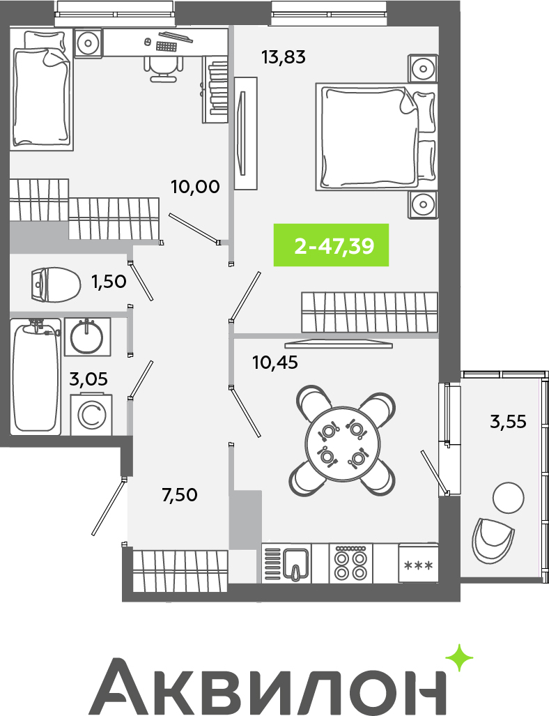 2-комнатная квартира в ЖК EVER на 33 этаже в 1 секции. Сдача в 3 кв. 2025 г.