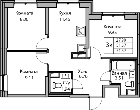 3-комнатная квартира в ЖК EVER на 32 этаже в 1 секции. Сдача в 3 кв. 2025 г.