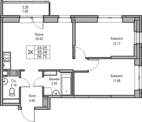 2-комнатная квартира в ЖК EVER на 25 этаже в 1 секции. Сдача в 3 кв. 2025 г.