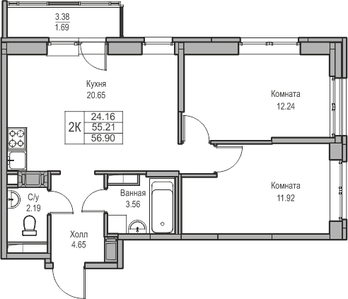 3-комнатная квартира в ЖК Беринг на 2 этаже в 1 секции. Сдача в 4 кв. 2025 г.