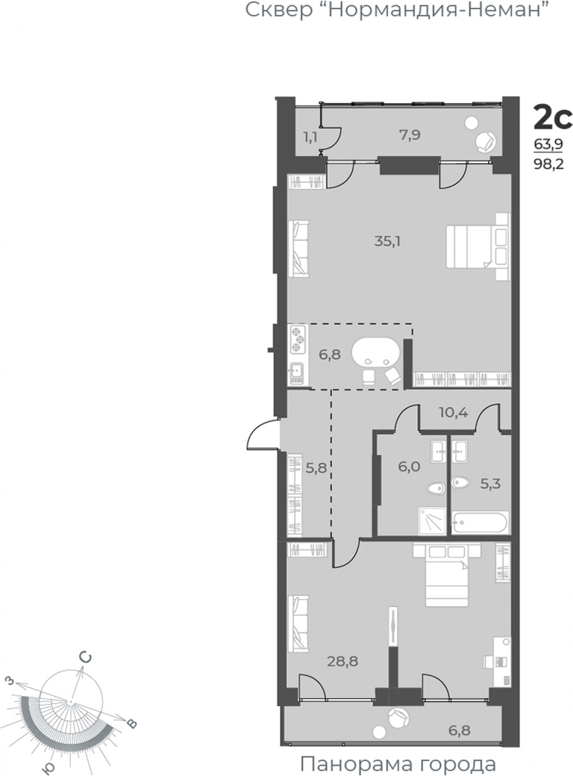 2-комнатная квартира с отделкой в ЖК Юнтолово на 9 этаже в 1 секции. Сдача в 2 кв. 2026 г.