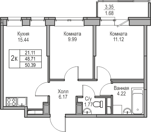 2-комнатная квартира в ЖК EVER на 21 этаже в 1 секции. Сдача в 3 кв. 2025 г.