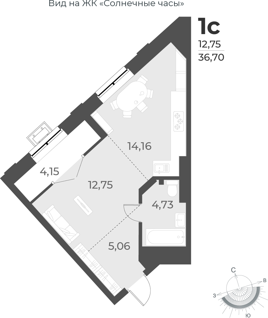 2-комнатная квартира с отделкой в ЖК Юнтолово на 5 этаже в 1 секции. Сдача в 2 кв. 2026 г.