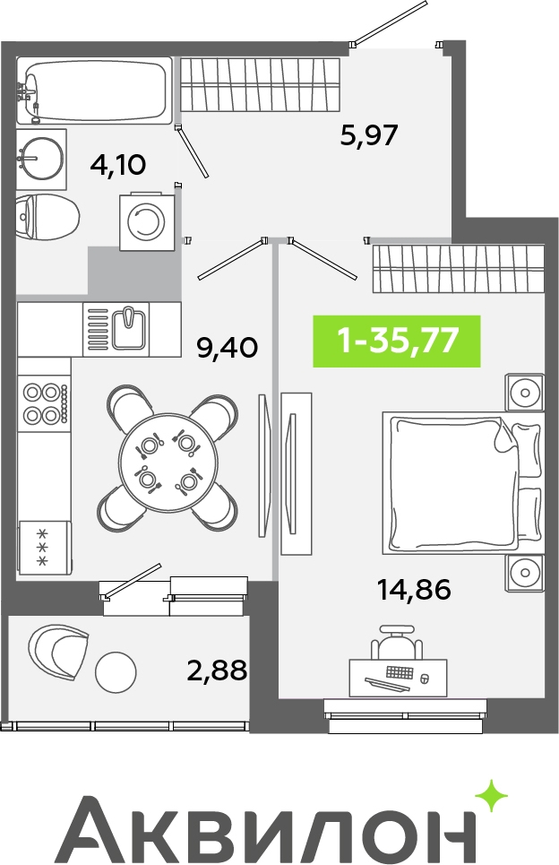 2-комнатная квартира в ЖК EVER на 12 этаже в 1 секции. Сдача в 3 кв. 2025 г.