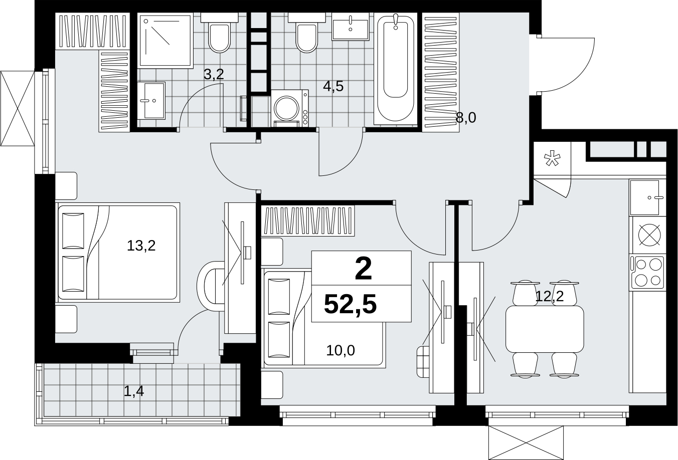 4-комнатная квартира в ЖК Скандинавия на 12 этаже в 1 секции. Сдача в 4 кв. 2026 г.