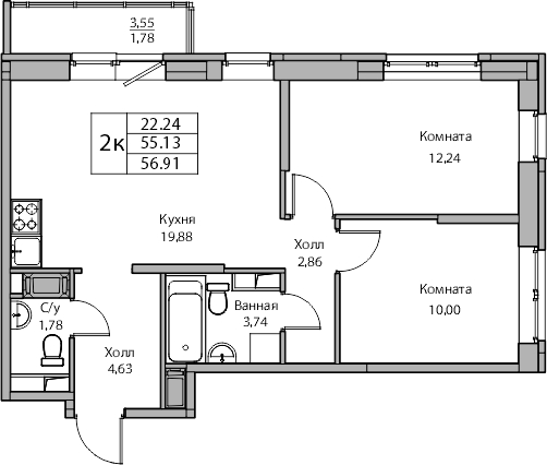 2-комнатная квартира в ЖК EVER на 29 этаже в 1 секции. Сдача в 3 кв. 2025 г.