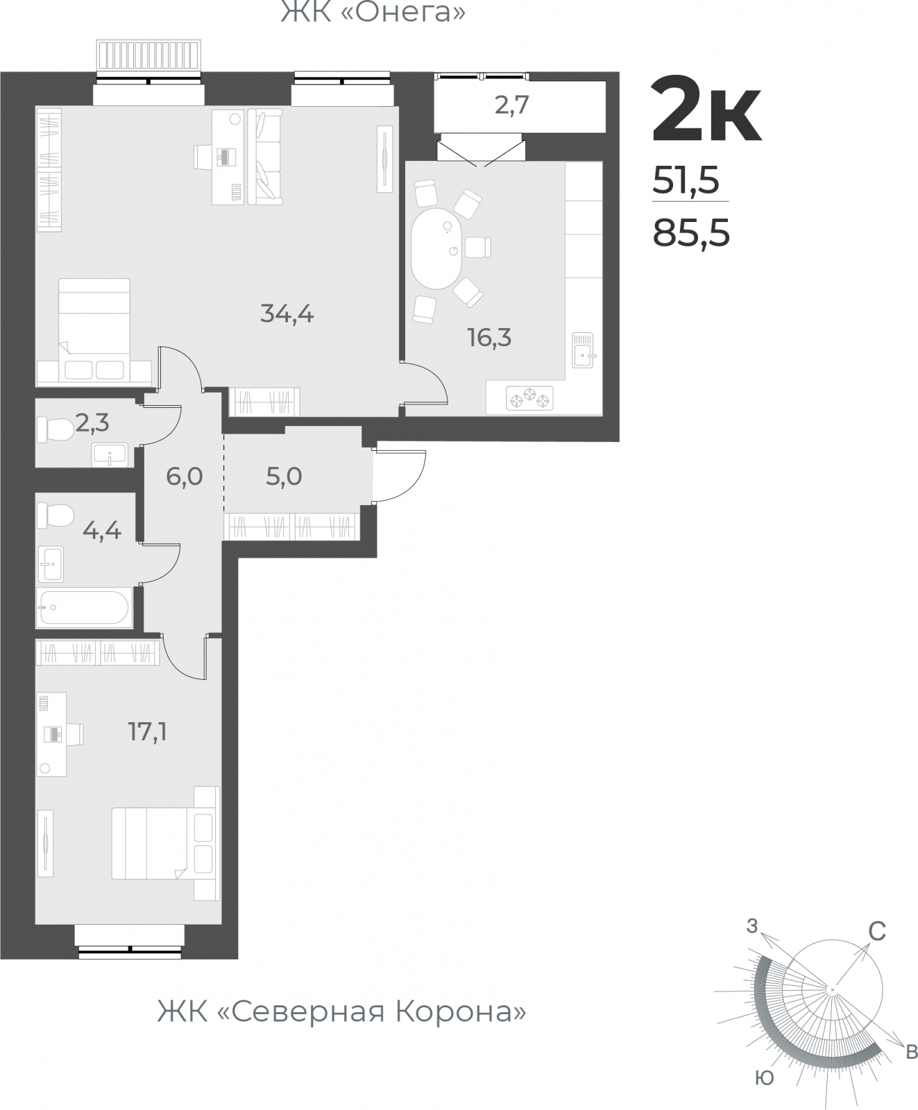2-комнатная квартира с отделкой в ЖК Юнтолово на 22 этаже в 1 секции. Сдача в 2 кв. 2026 г.