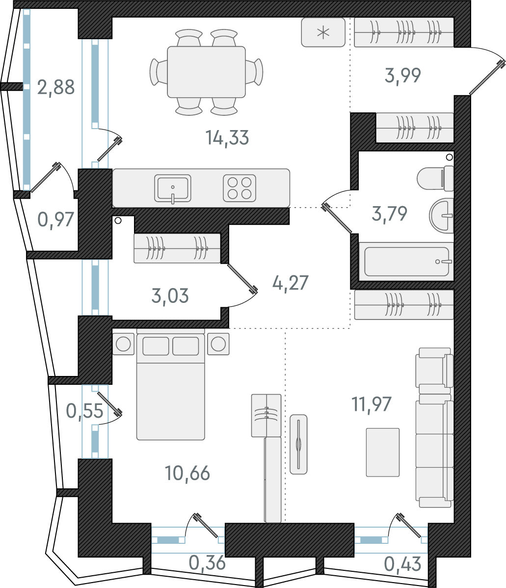 3-комнатная квартира с отделкой в ЖК Юнтолово на 4 этаже в 1 секции. Сдача в 2 кв. 2026 г.