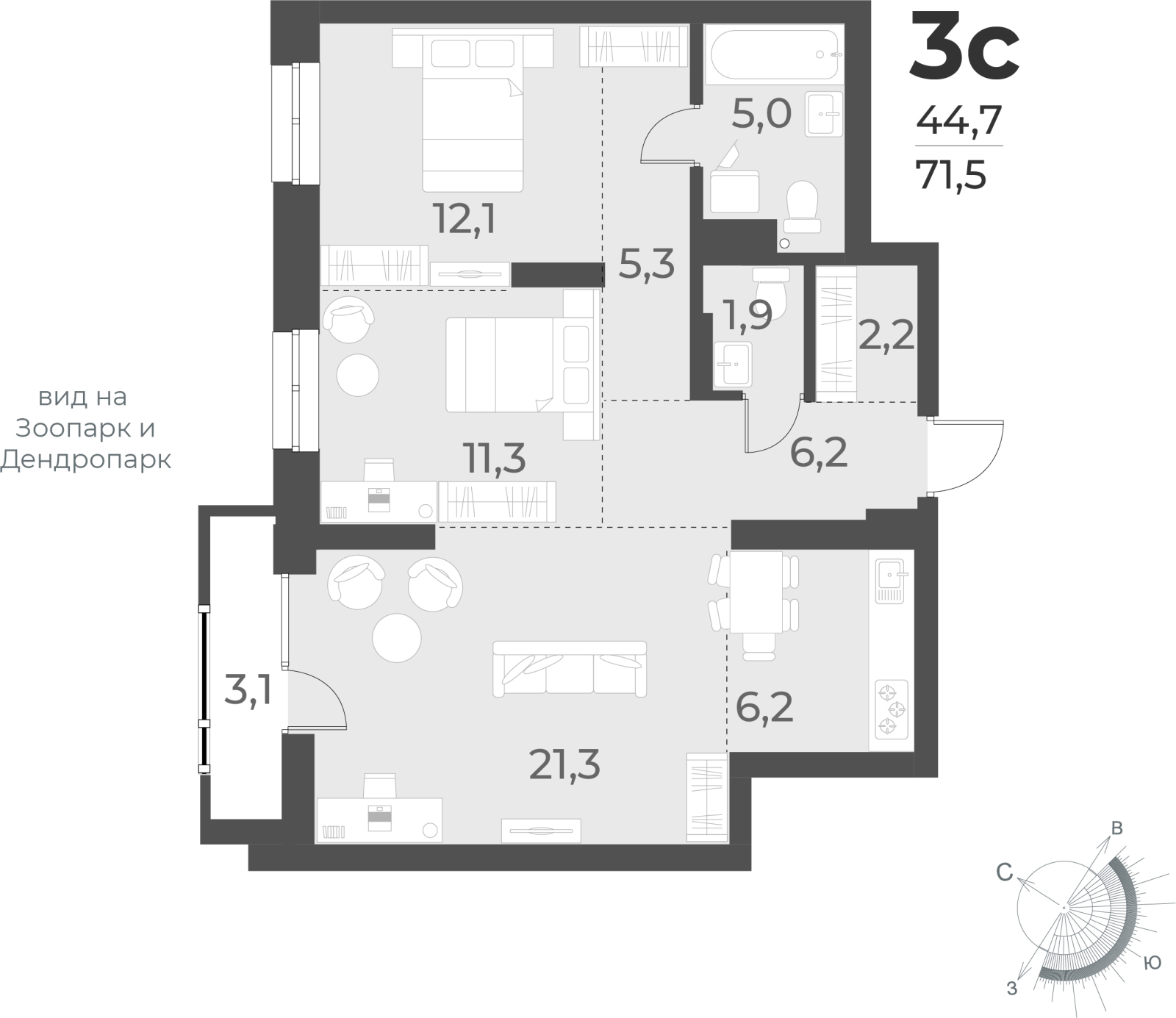 3-комнатная квартира с отделкой в ЖК Юнтолово на 12 этаже в 1 секции. Сдача в 2 кв. 2026 г.