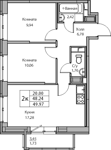 1-комнатная квартира (Студия) с отделкой в ЖК Квартал Лаголово на 2 этаже в 3 секции. Сдача в 4 кв. 2025 г.