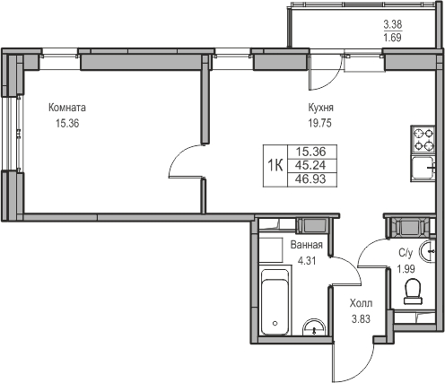 1-комнатная квартира (Студия) с отделкой в ЖК Квартал Лаголово на 6 этаже в 3 секции. Сдача в 3 кв. 2025 г.