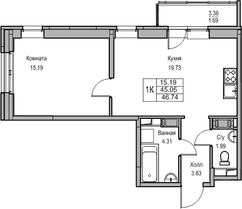 1-комнатная квартира с отделкой в ЖК Квартал Лаголово на 2 этаже в 2 секции. Сдача в 4 кв. 2025 г.