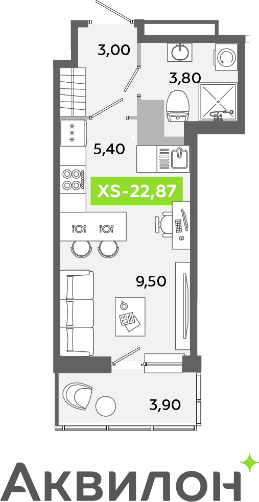 1-комнатная квартира (Студия) с отделкой в ЖК Квартал Лаголово на 4 этаже в 10 секции. Сдача в 3 кв. 2025 г.