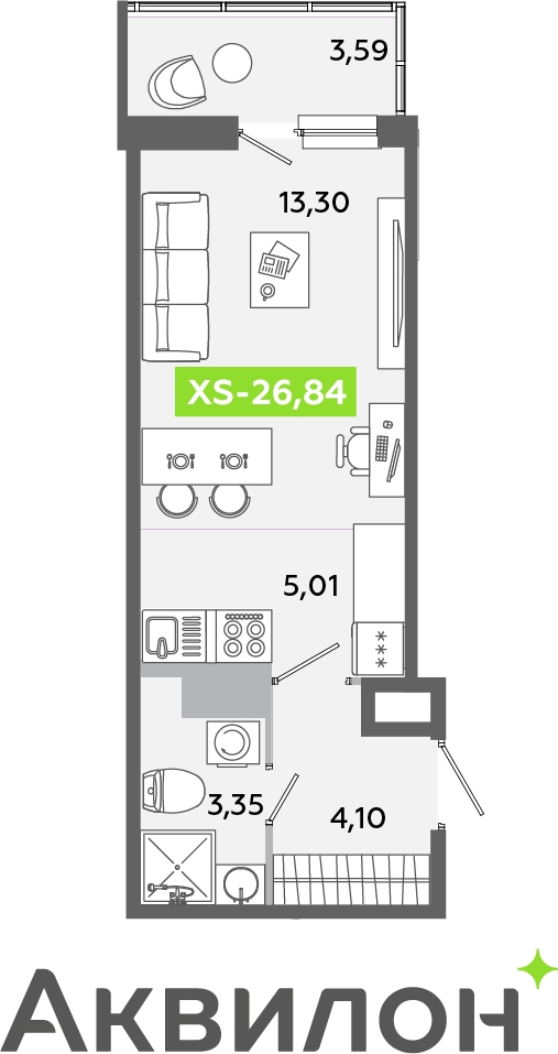 1-комнатная квартира (Студия) с отделкой в ЖК GloraX Новоселье на 3 этаже в 1 секции. Сдача в 4 кв. 2025 г.