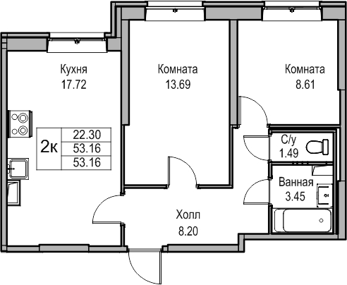 2-комнатная квартира с отделкой в ЖК Квартал Лаголово на 2 этаже в 3 секции. Сдача в 3 кв. 2025 г.