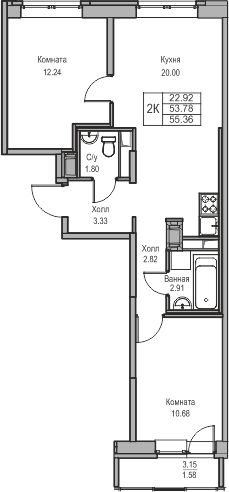 2-комнатная квартира с отделкой в ЖК Квартал Лаголово на 6 этаже в 8 секции. Сдача в 4 кв. 2025 г.