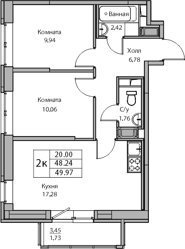 2-комнатная квартира с отделкой в ЖК Квартал Лаголово на 8 этаже в 3 секции. Сдача в 4 кв. 2025 г.