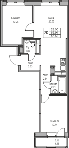 2-комнатная квартира с отделкой в ЖК Квартал Лаголово на 9 этаже в 3 секции. Сдача в 3 кв. 2025 г.